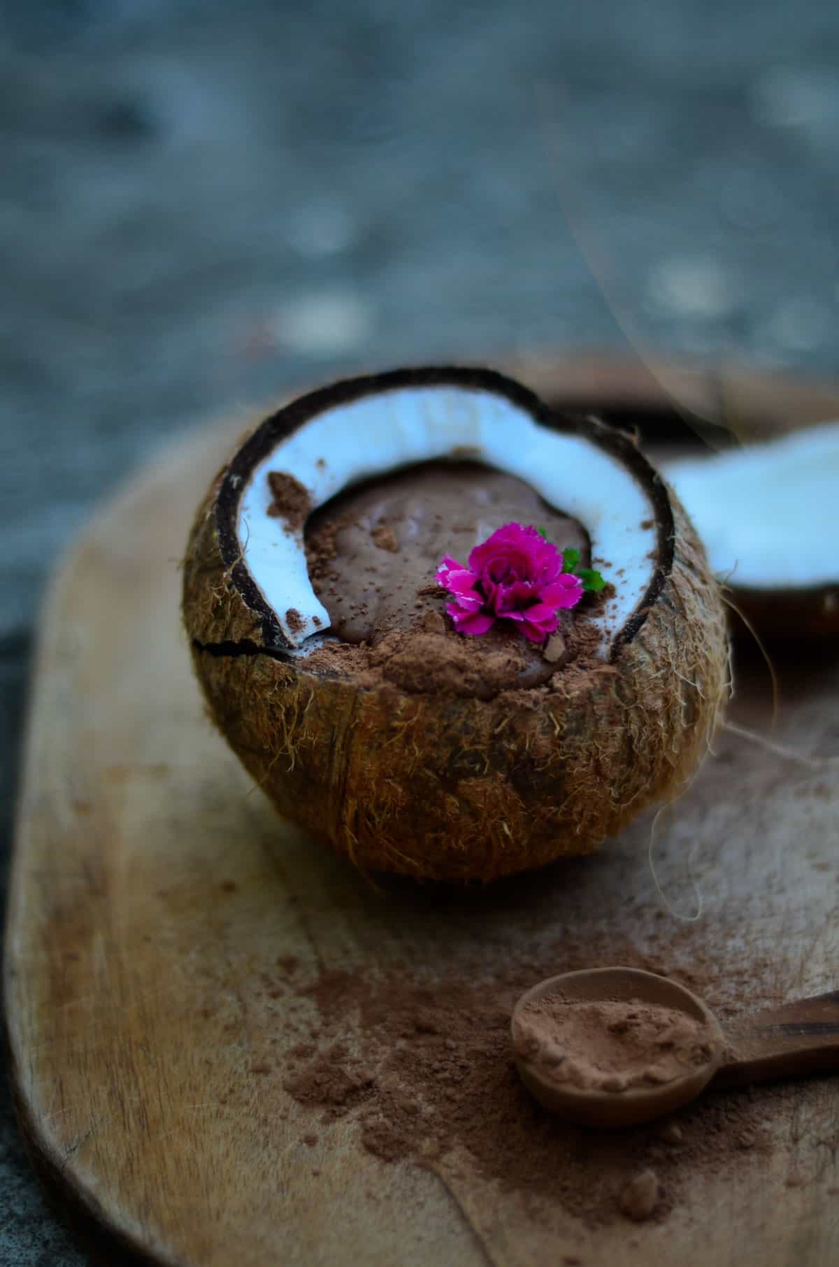 Coconut filled with chocolate smoothie.