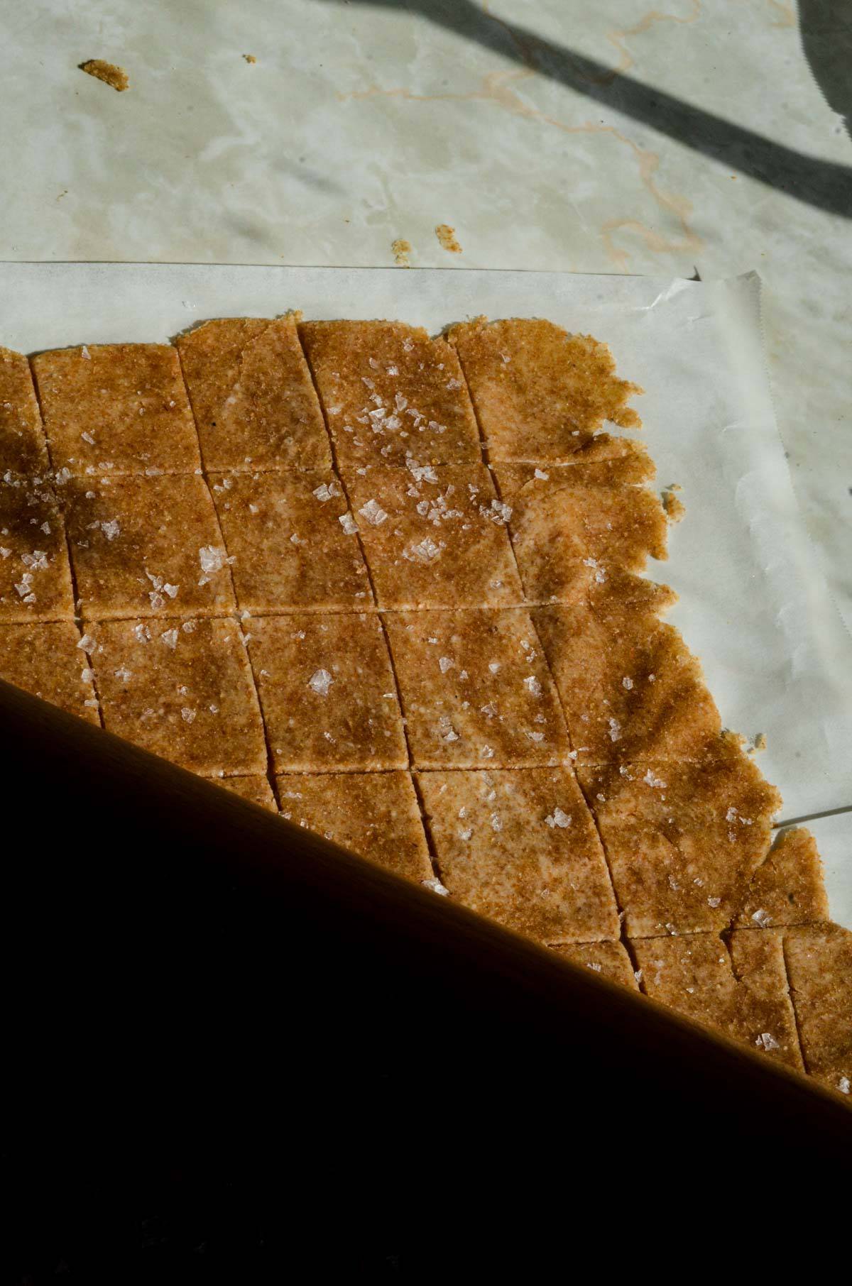 Cracker dough rolled flat, cut into squares with sea salt. 