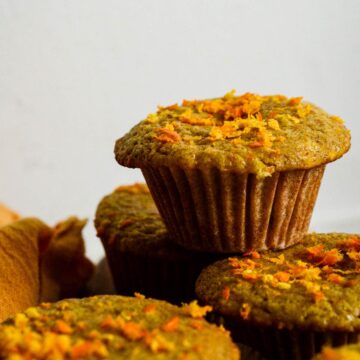 Orange muffins with orange zest on top.