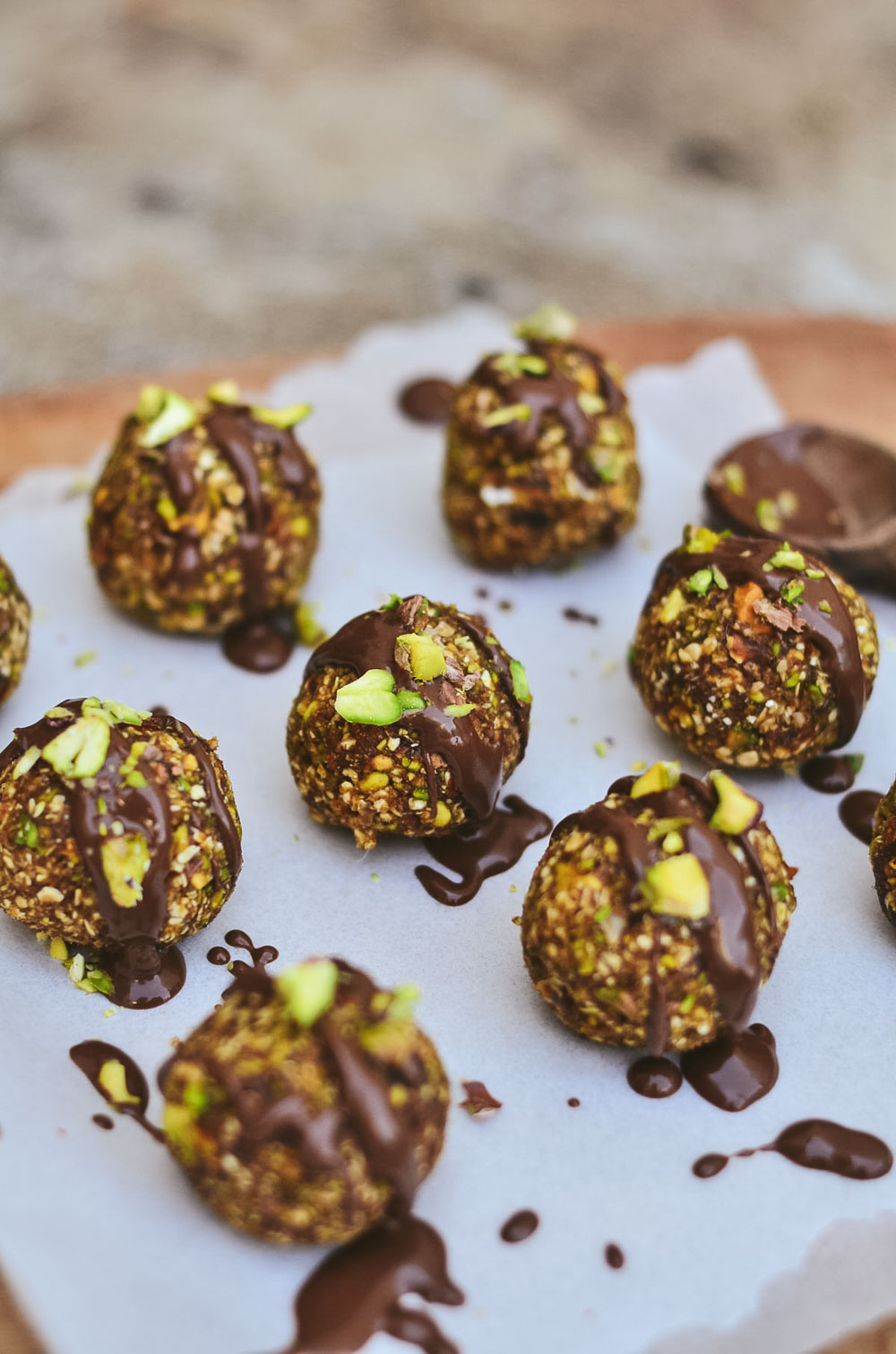 Chocolate covered pistachio bites.