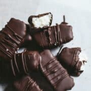 Shredded coconut covered in melted chocolate.
