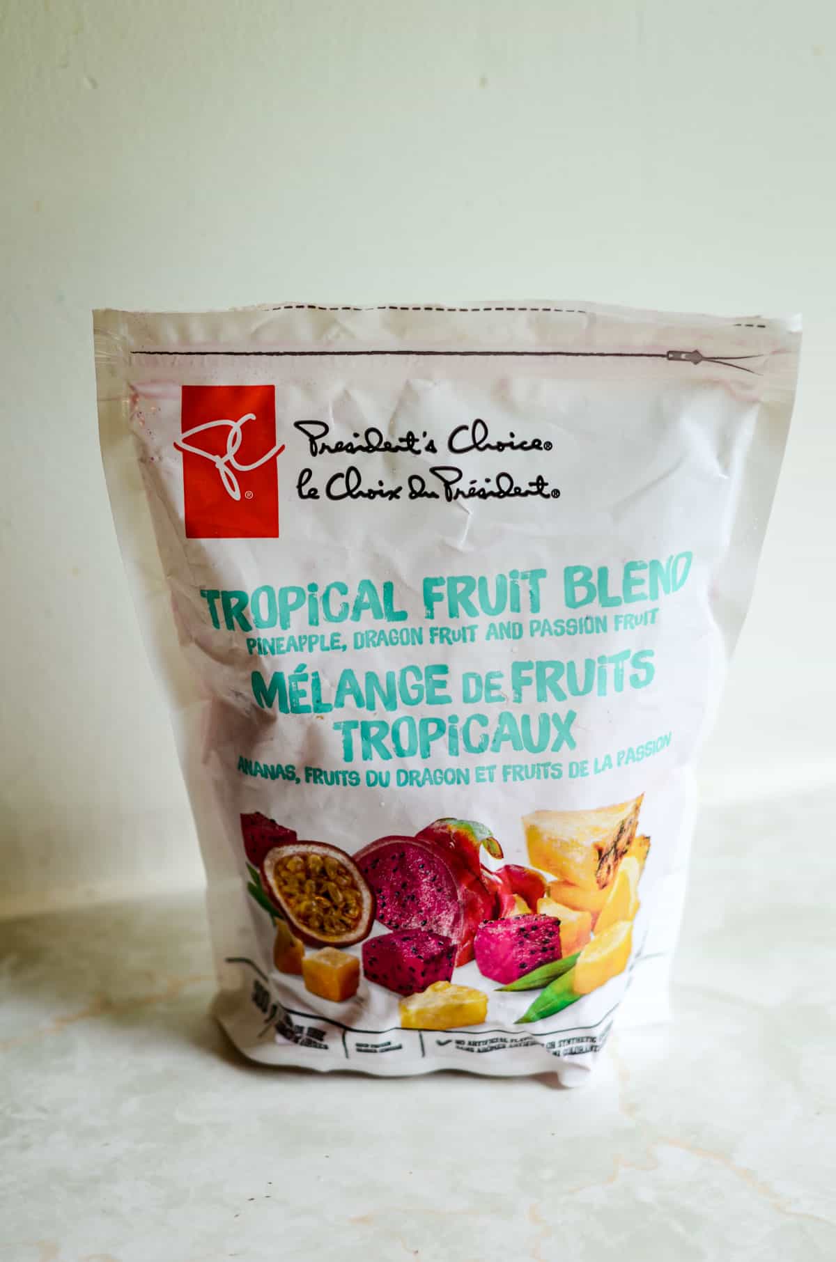 A bag of PC choice tropical frozen fruit.