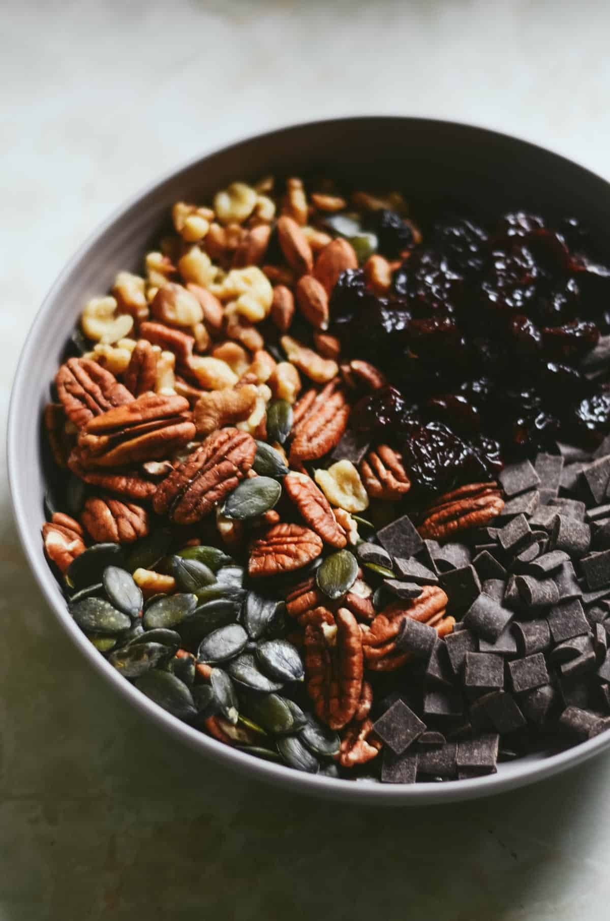 Bowl with almonds, walnuts, dried cherries, dark chocolate chunks, and pumpkin seeds.