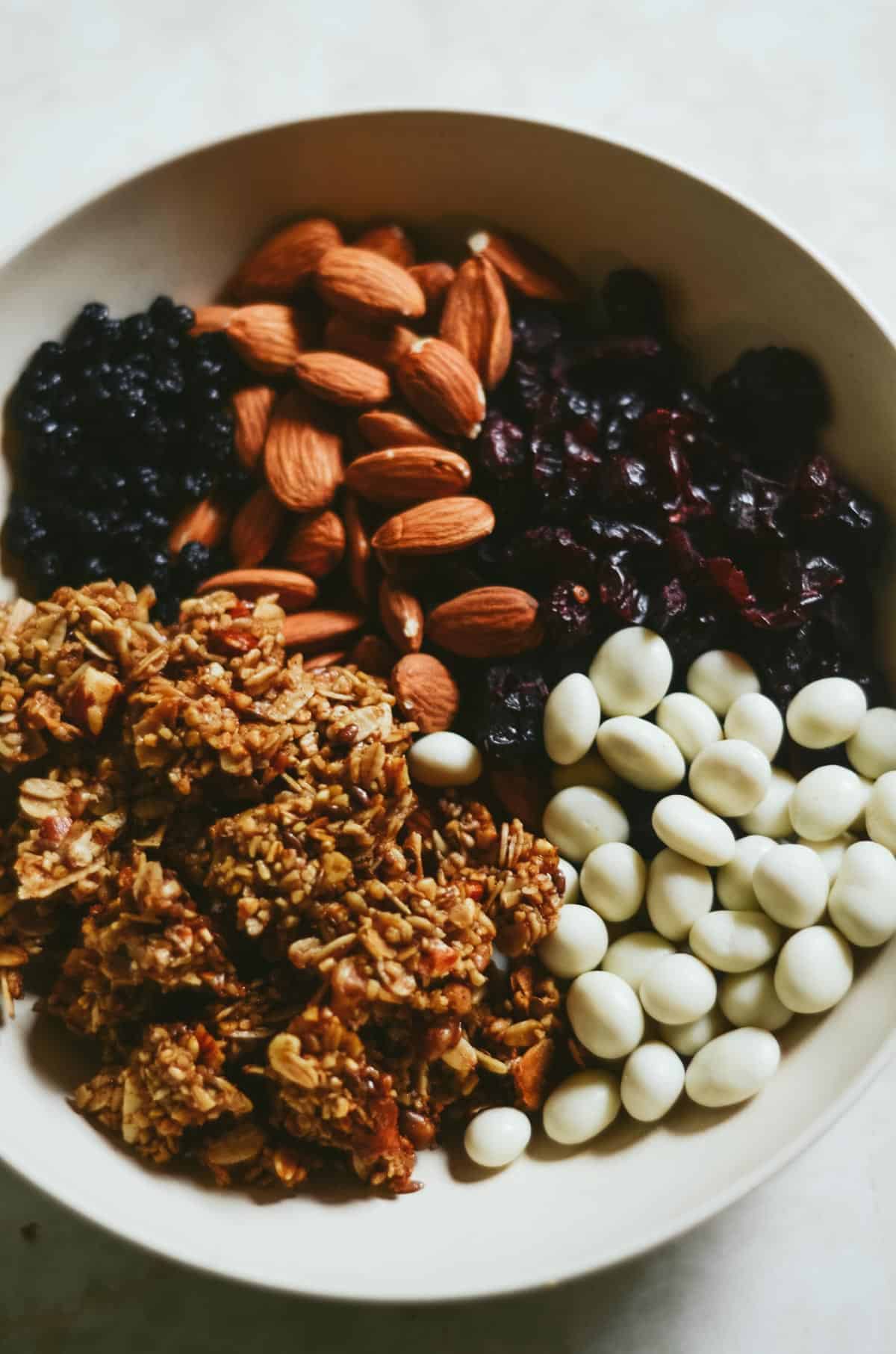 Bowl with yogurt covered raisins, clumpy granola, almonds, dried blueberries, dried cherries.