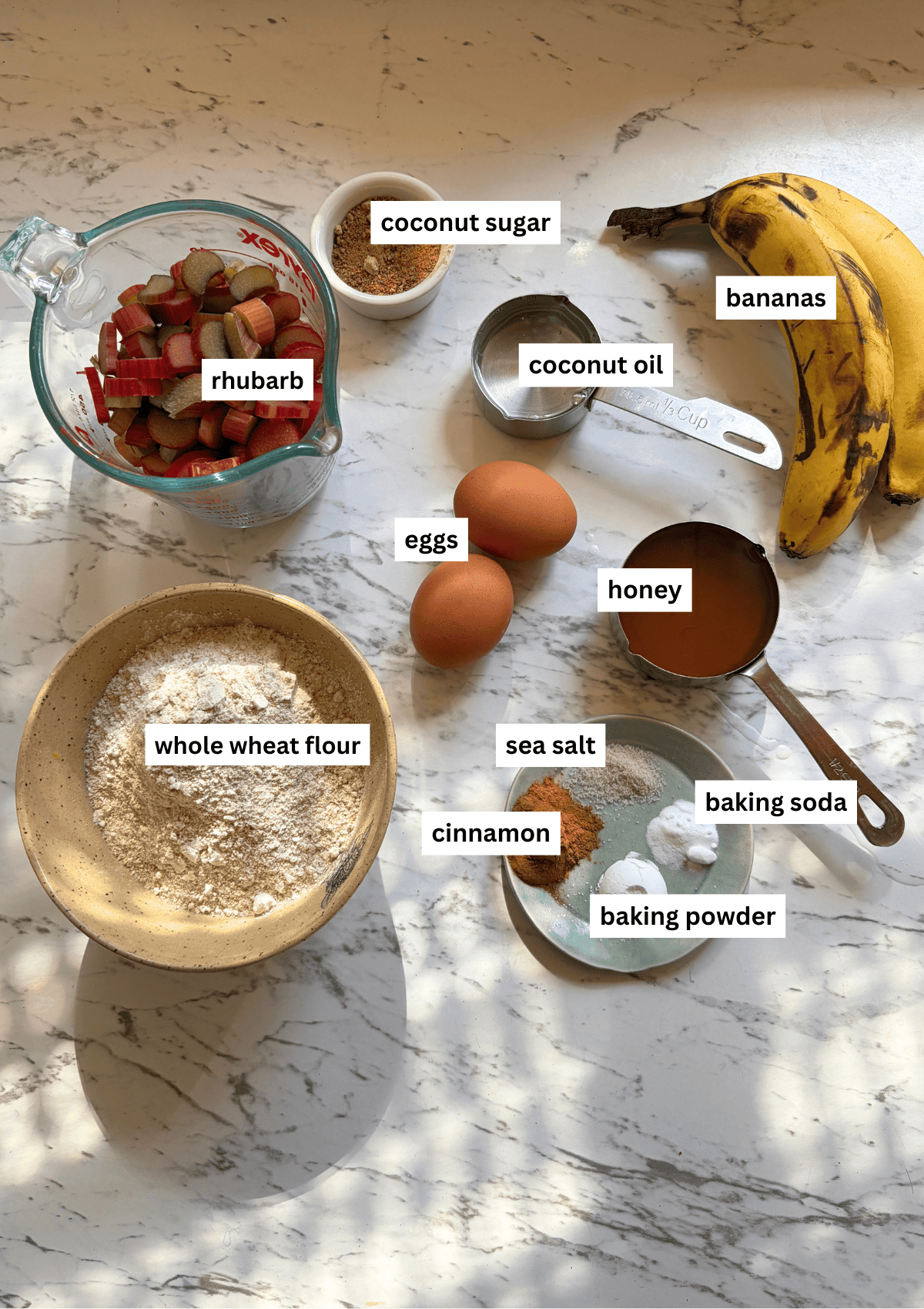 Rhubarb, whole wheat flour, coconut sugar, eggs, bananas, coconut oil, honey, baking powder, baking soda, cinnamon, sea salt all on the counter for muffins.