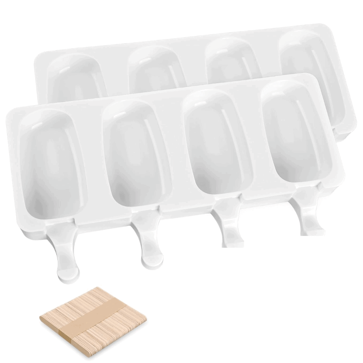 A photo of white silicone popsicle molds with wood popsicle sticks.