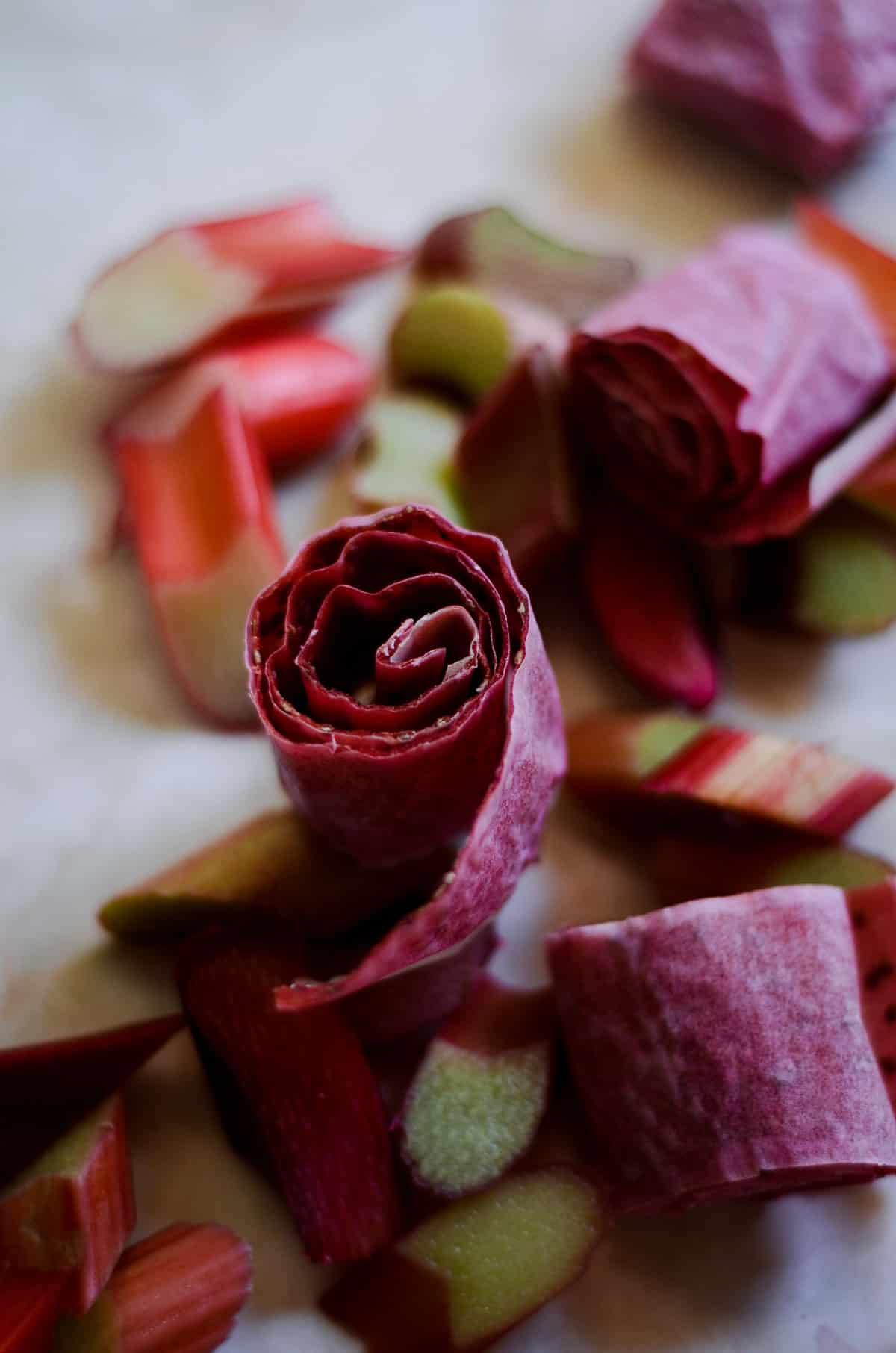 Pink fruit roll ups with rhubarb sitting around it.