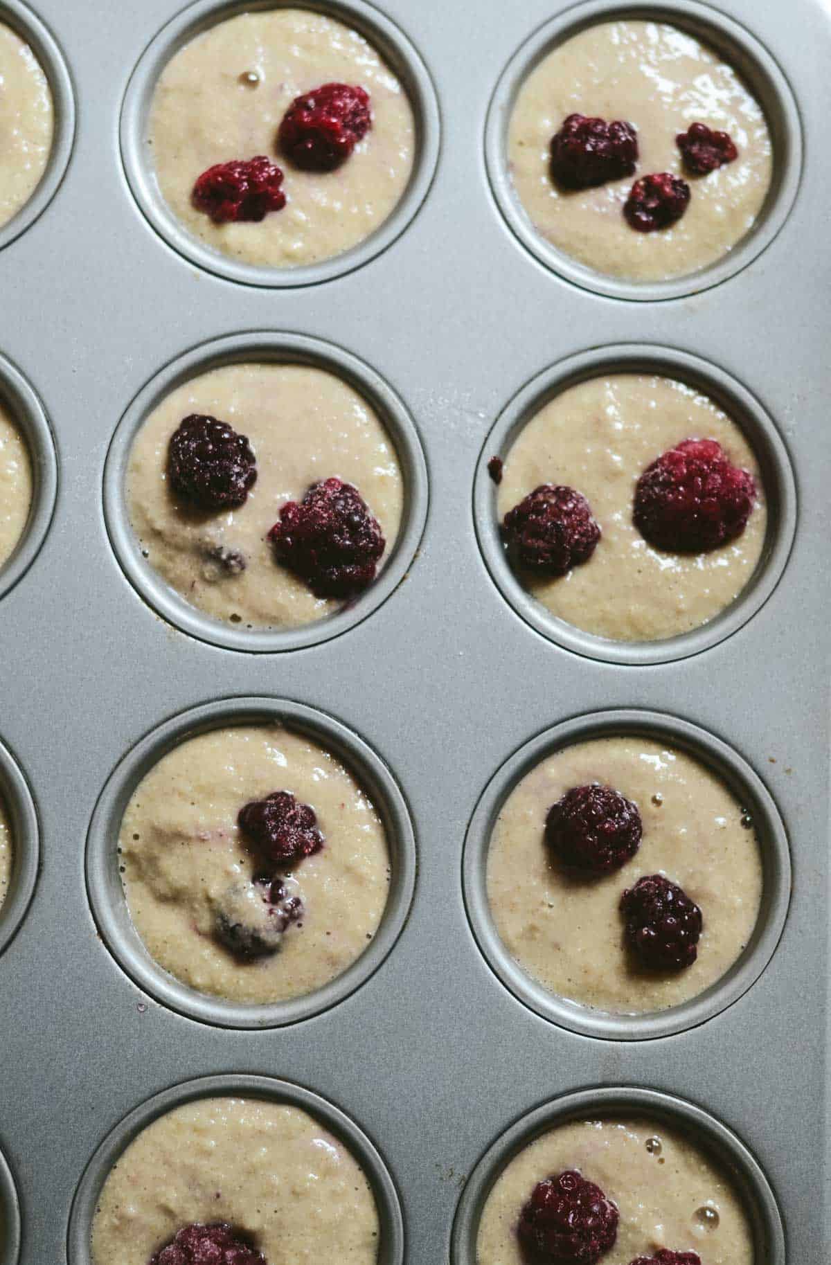 Muffin batter in greased muffin tray with blackberries on top.