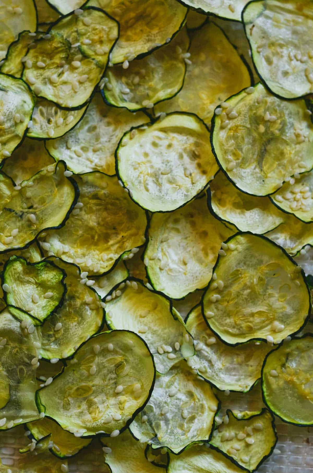Dehydrated zucchini chips laying flat over lapping each other with sesame seeds.