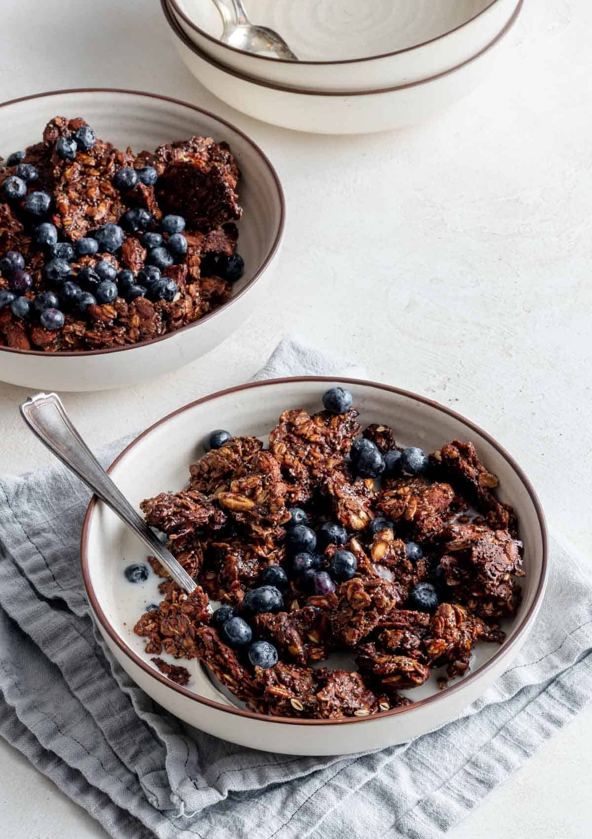 Brown granola with blueberries on top, in a white bowl with a spoon.