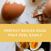 Pin graphic of hard boiled eggs on a plate and a shell removing easily.