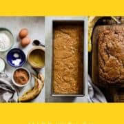 Pin graphic of ingredients for banana bread, a uncooked banana loaf, and a baked golden banana loaf.