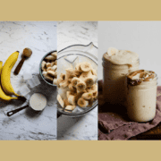 A graphic of a banana smoothie being made, photos of the ingredients, the food in the vitamix, and the white banana smoothie in cups.