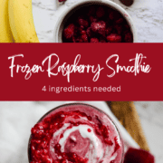 Pin graphic of a bright pink raspberry smoothie with an ingredient photo.