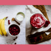 Raspberry smoothie graphic with an ingredient photo and a beautiful raspberry smoothie photo.