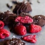 Dark chocolate covering thick raspberry chia jam.