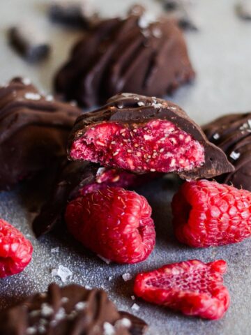 Dark chocolate covering thick raspberry chia jam.