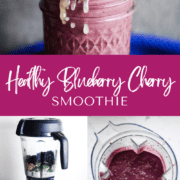 Pin graphic of smoothie ingredients in the blender, blended smoothie, and smoothie with honey and cherries on top.
