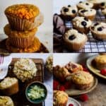 Picture of orange muffins, blueberry muffins, pineapple coconut muffins, and raspberry muffins.