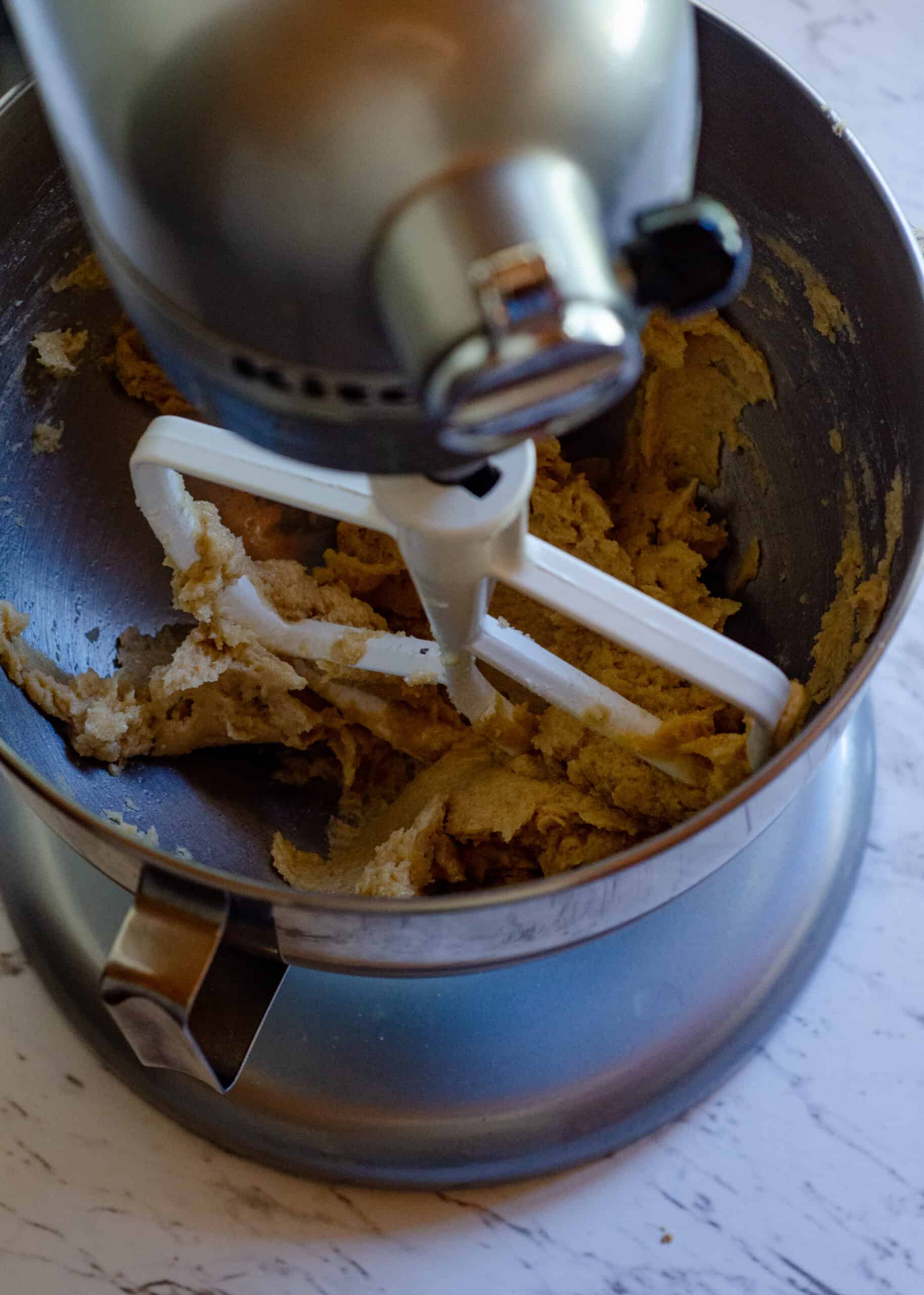 Butter and sugar creamed together in a kitchen aid mixer.