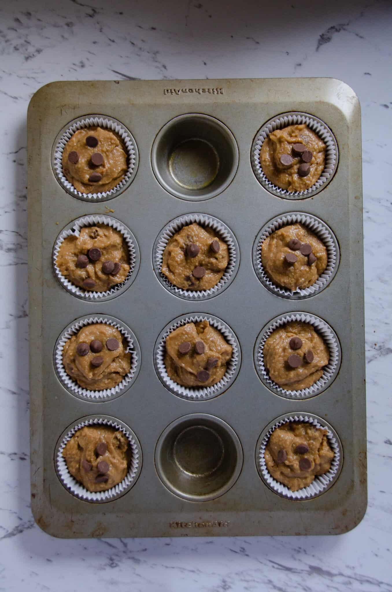 Chocolate chip muffin batter in paper muffin liners in a pan.