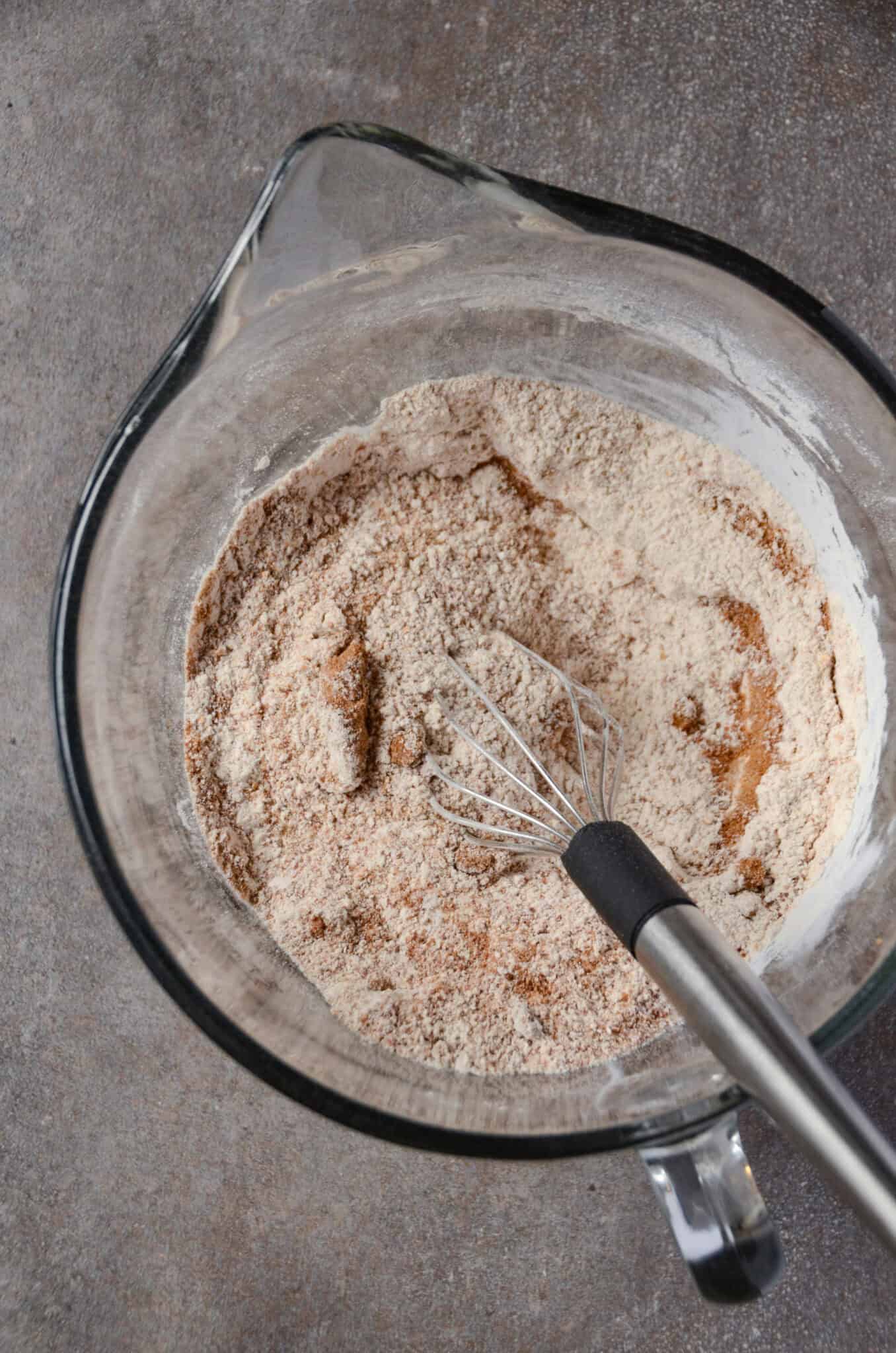 Dry ingredients for muffins flour, coconut sugar, baking soda, baking powder, salt.