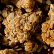A chunk of granola with oats and hemp hearts.