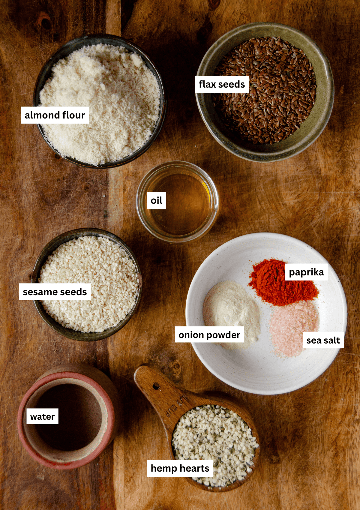 Labelled ingredients for high protein crackers all in bowls.