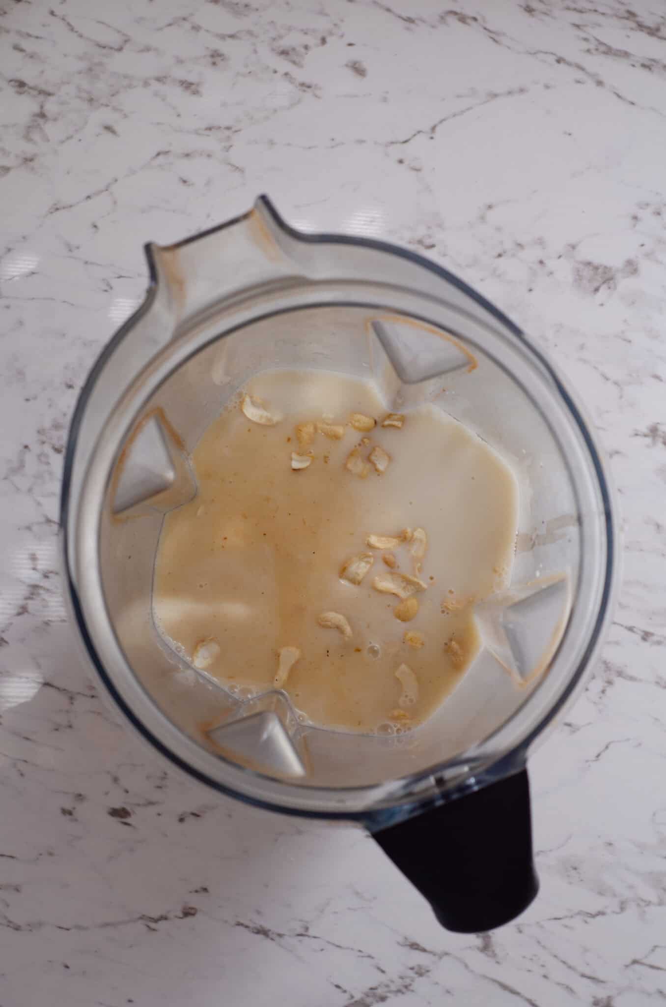 A vitamix container with cashews and vanilla and milk inside.