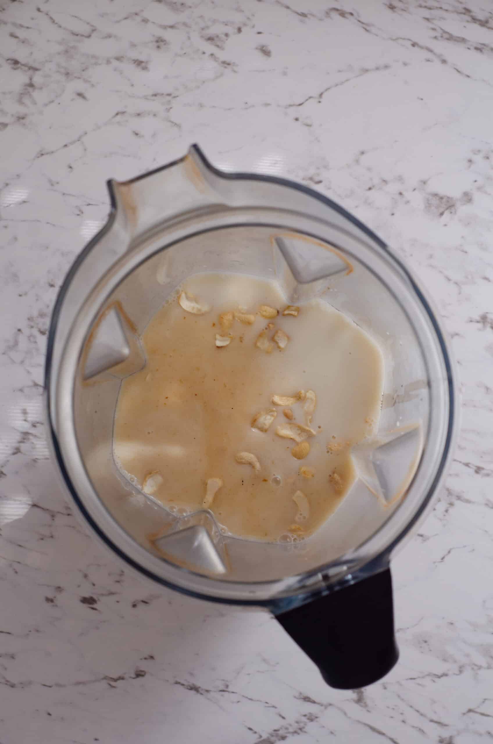 A vitamix container with cashews and vanilla and milk inside.