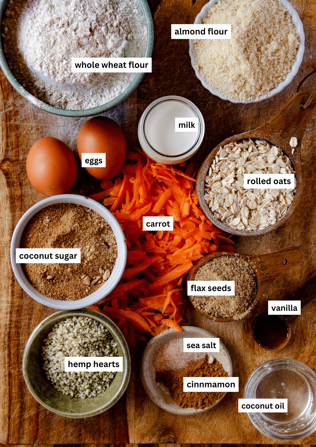 Labelled ingredient photo for carrot cake protein bars.