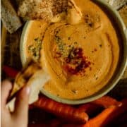 A hand dipping into orange colored protein dip with pitas and carrots beside the bowl.