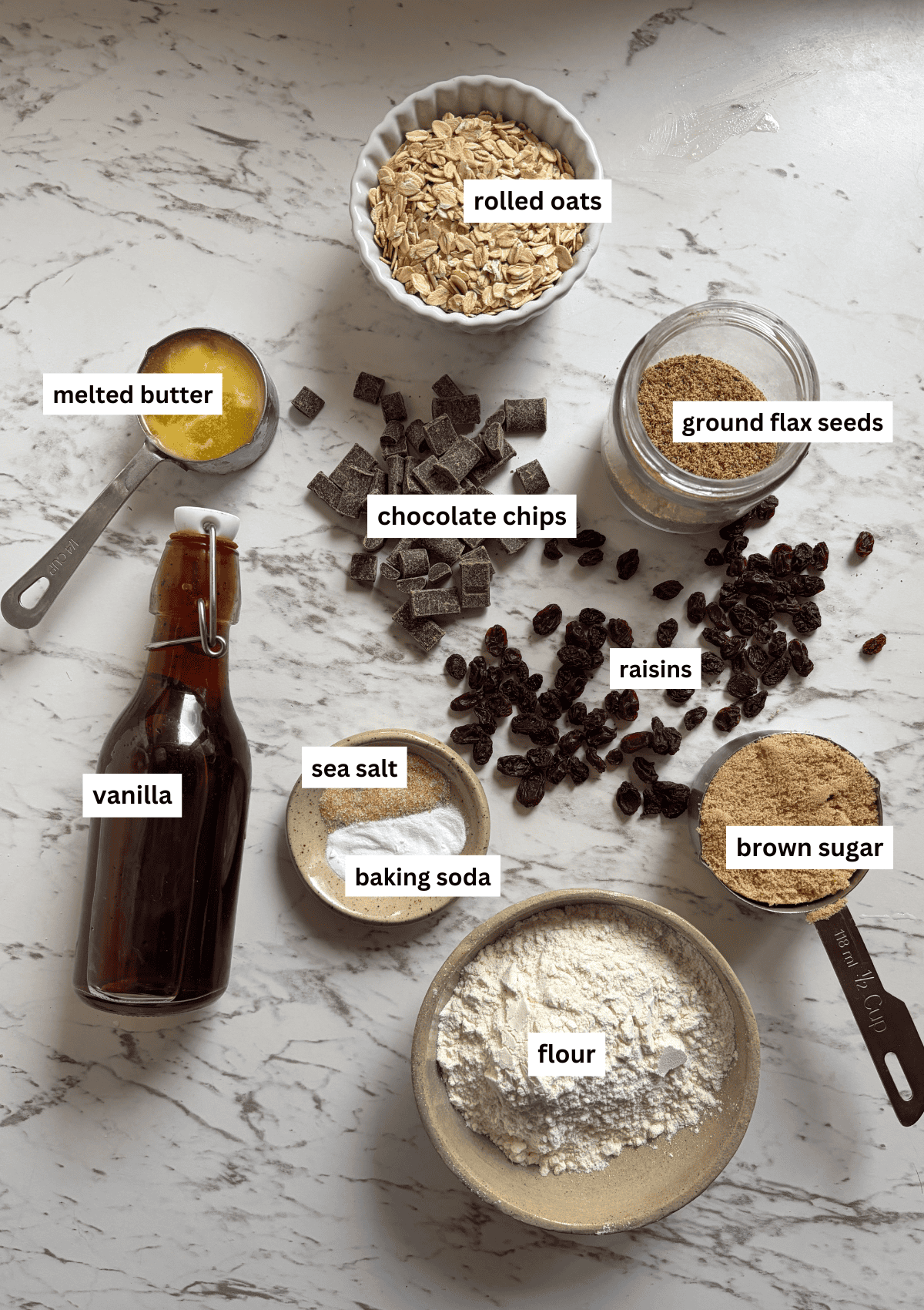 Ingredients needed for oatmeal cookies labelled.