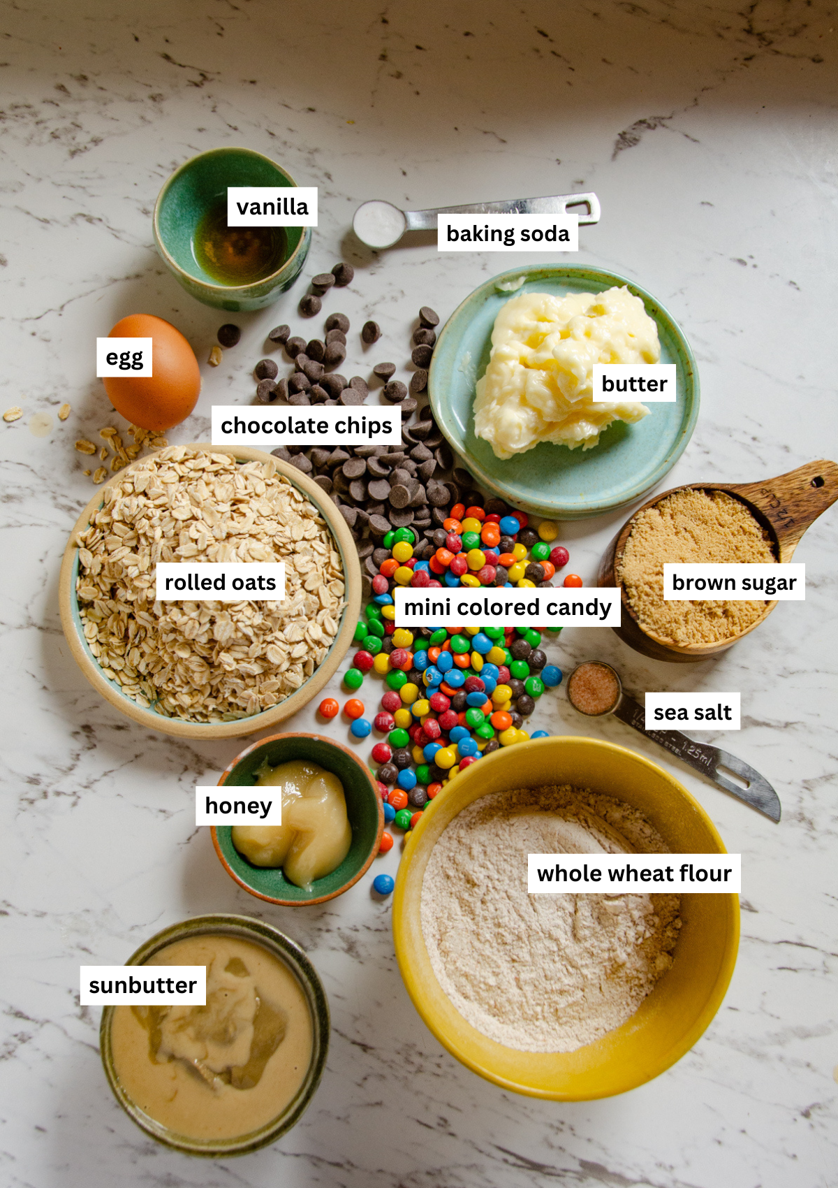 Ingredients needed for monster cookies in bowls including and egg, vanilla, chocolate chips, butter, colorful chocolate candies, brown sugar, oats, whole wheat flour, sunbutter, and honey.