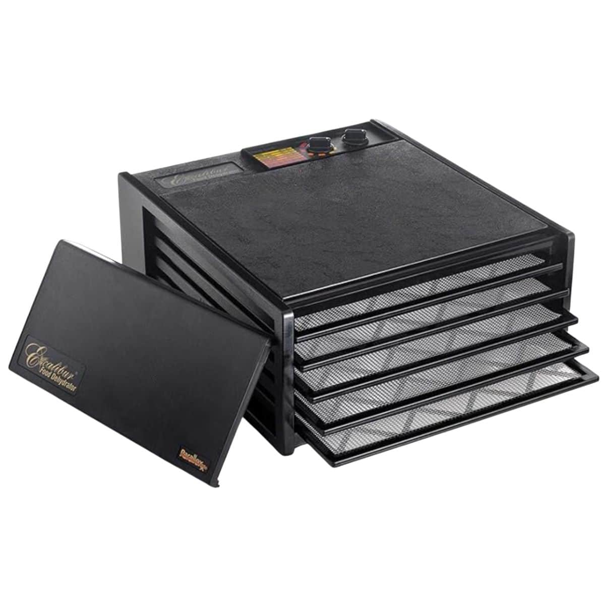 A black food dehydrator with square racks.