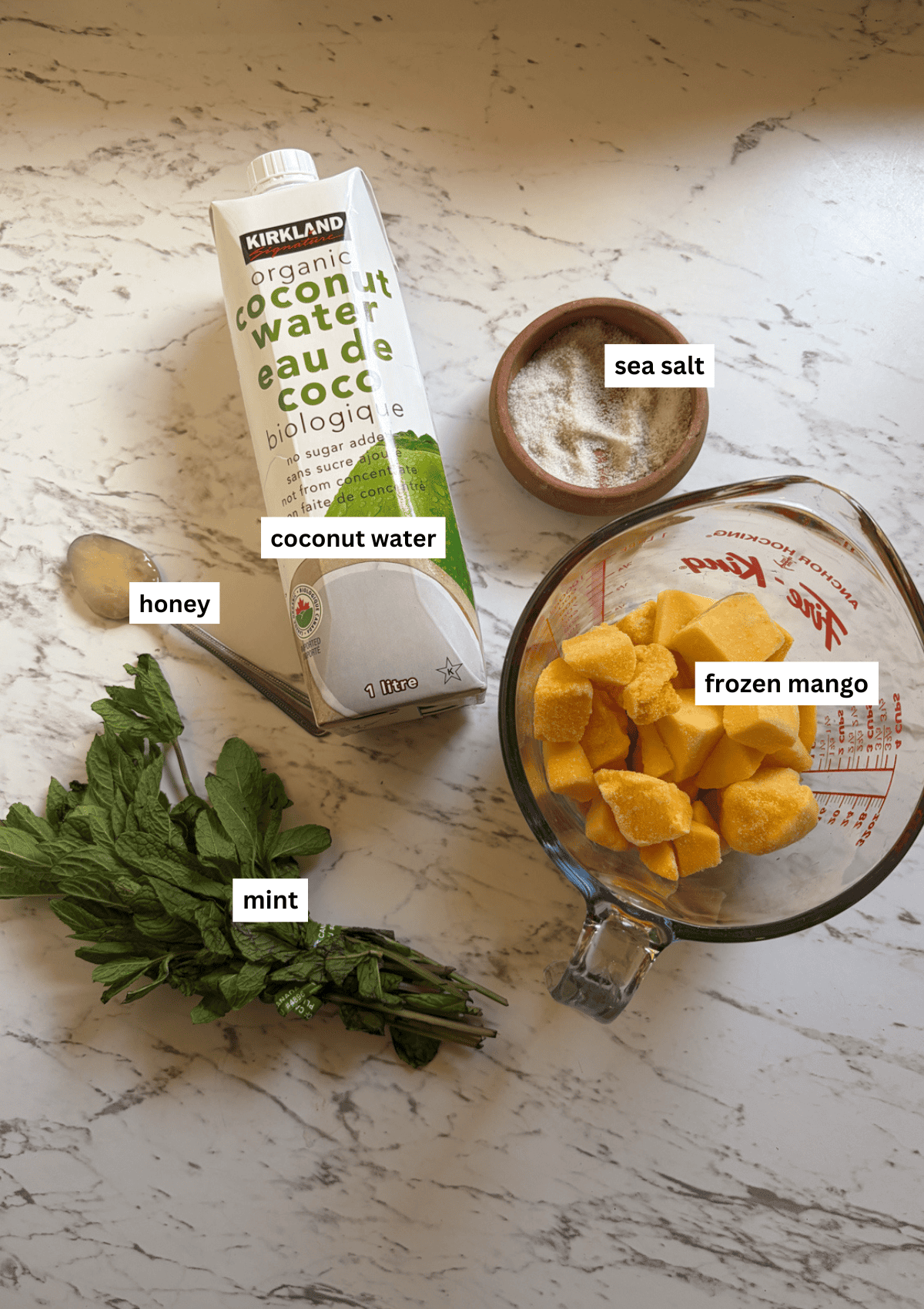 Coconut water, sea salt, frozen mango, fresh mint, and honey on the counter for a electrolyte slushie.